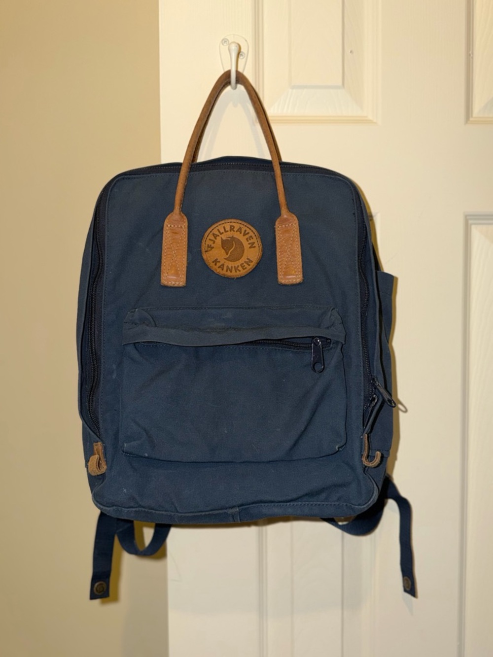 Fjallraven Kanken Backpack - Navy Blue with Brown Leather Accents